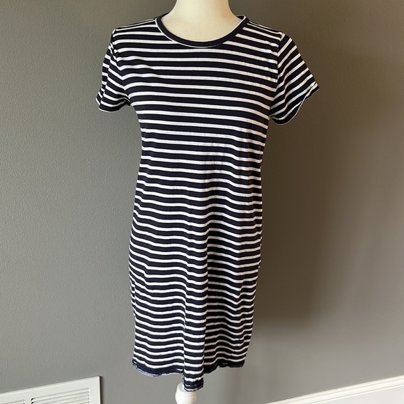 J. Crew Factory Navy White Striped Short Sleeve Tee Shirt Dress - Picture 3 of 11